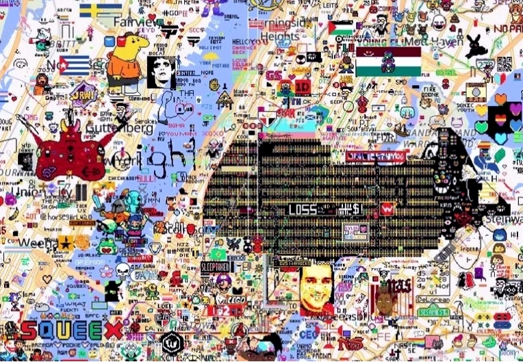 Ảnh chụp màn hình bản đồ Wplace với nhiều tác phẩm pixel art