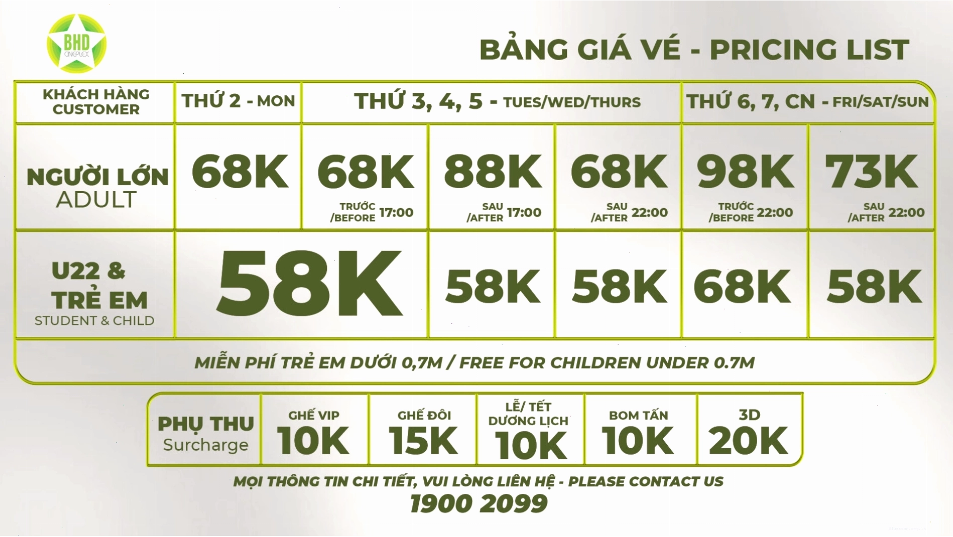Bảng giá vé BHD Star 3/2
