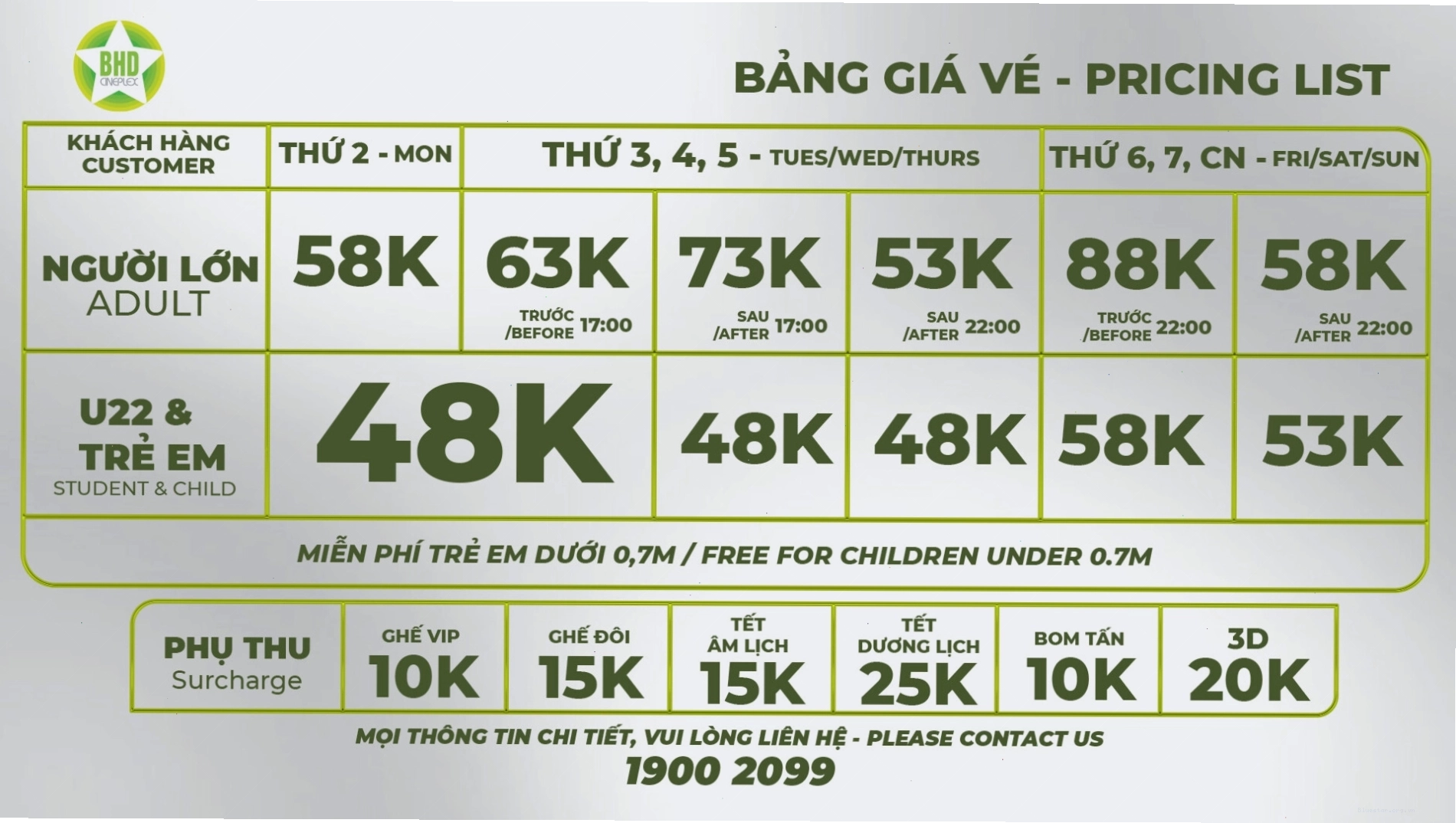 Bảng giá vé chi tiết của rạp BHD Star Phạm Hùng