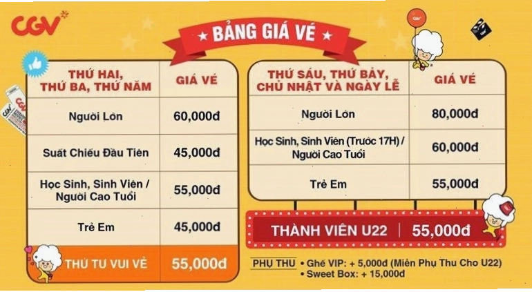 Bảng giá vé tham khảo tại rạp CGV Cinemas