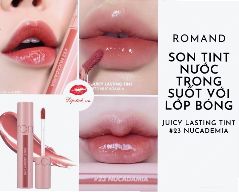 Cận cảnh màu son Romand 23 Nucadamia với sắc đỏ nâu nude ấn tượng