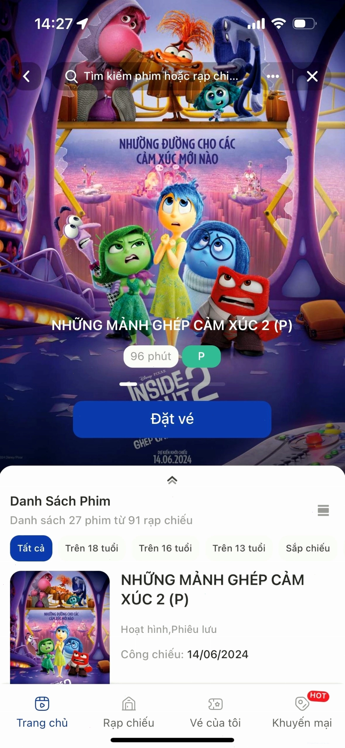Chọn suất chiếu và ghế ngồi trên ứng dụng CGV