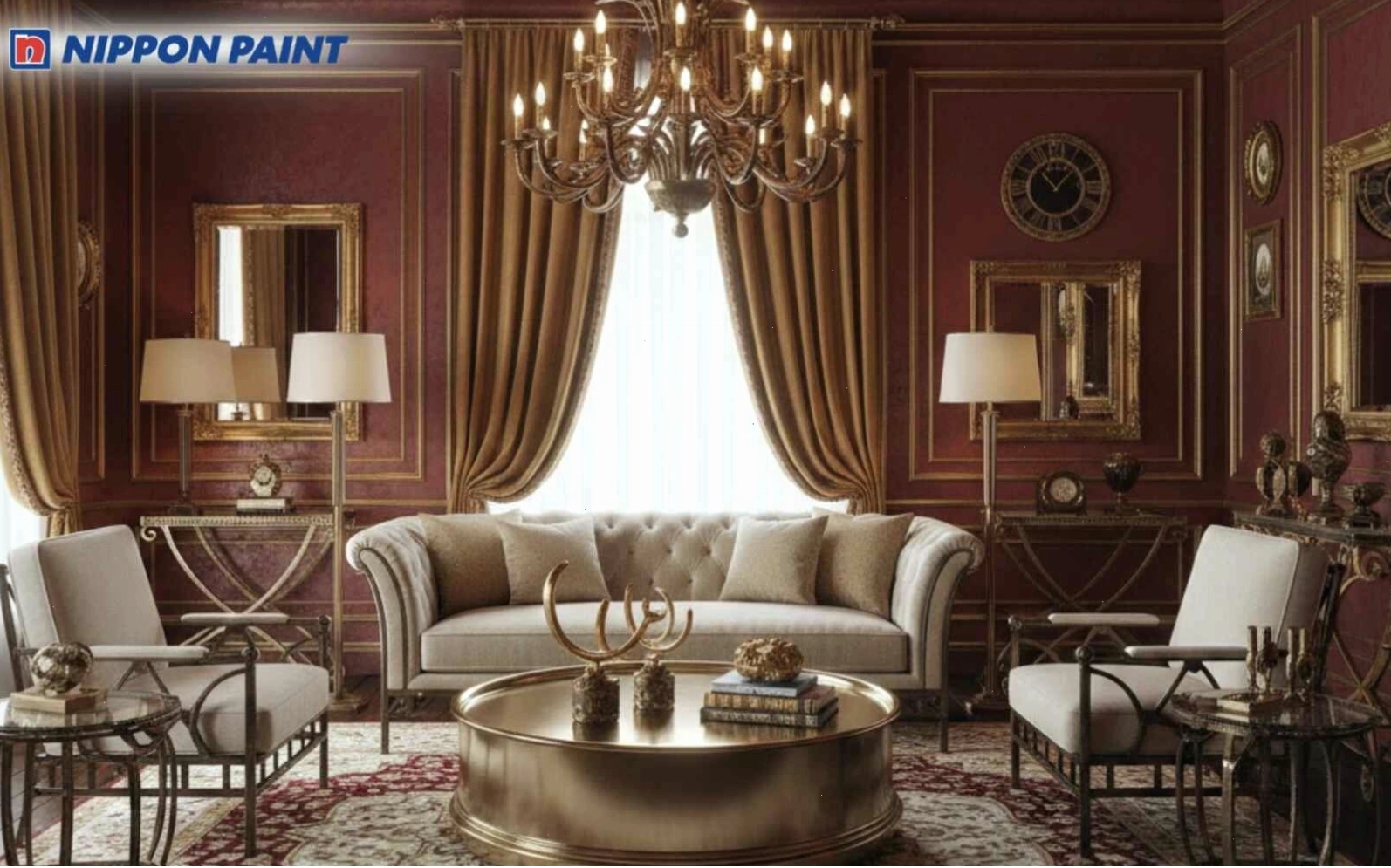 Đỏ đô kết hợp ánh kim vàng đồng, tạo điểm nhấn cao cấp cho phòng khách hiện đại