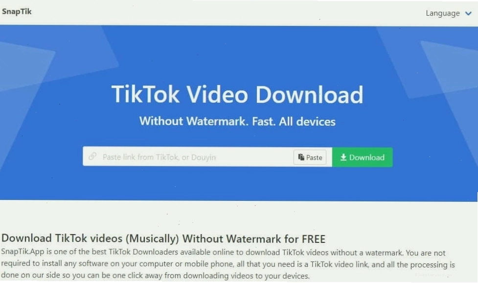 Giao diện website SnapTik hỗ trợ tải video không logo