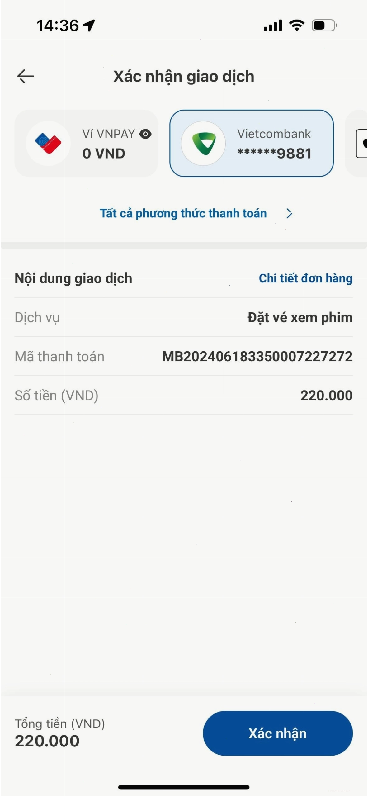 Hoàn tất thanh toán vé xem phim CGV