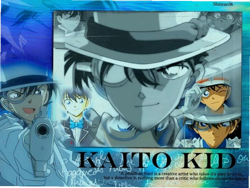 Kaito Kid trong bộ trang phục ảo thuật gia quen thuộc với áo choàng trắng và mũ chóp cao