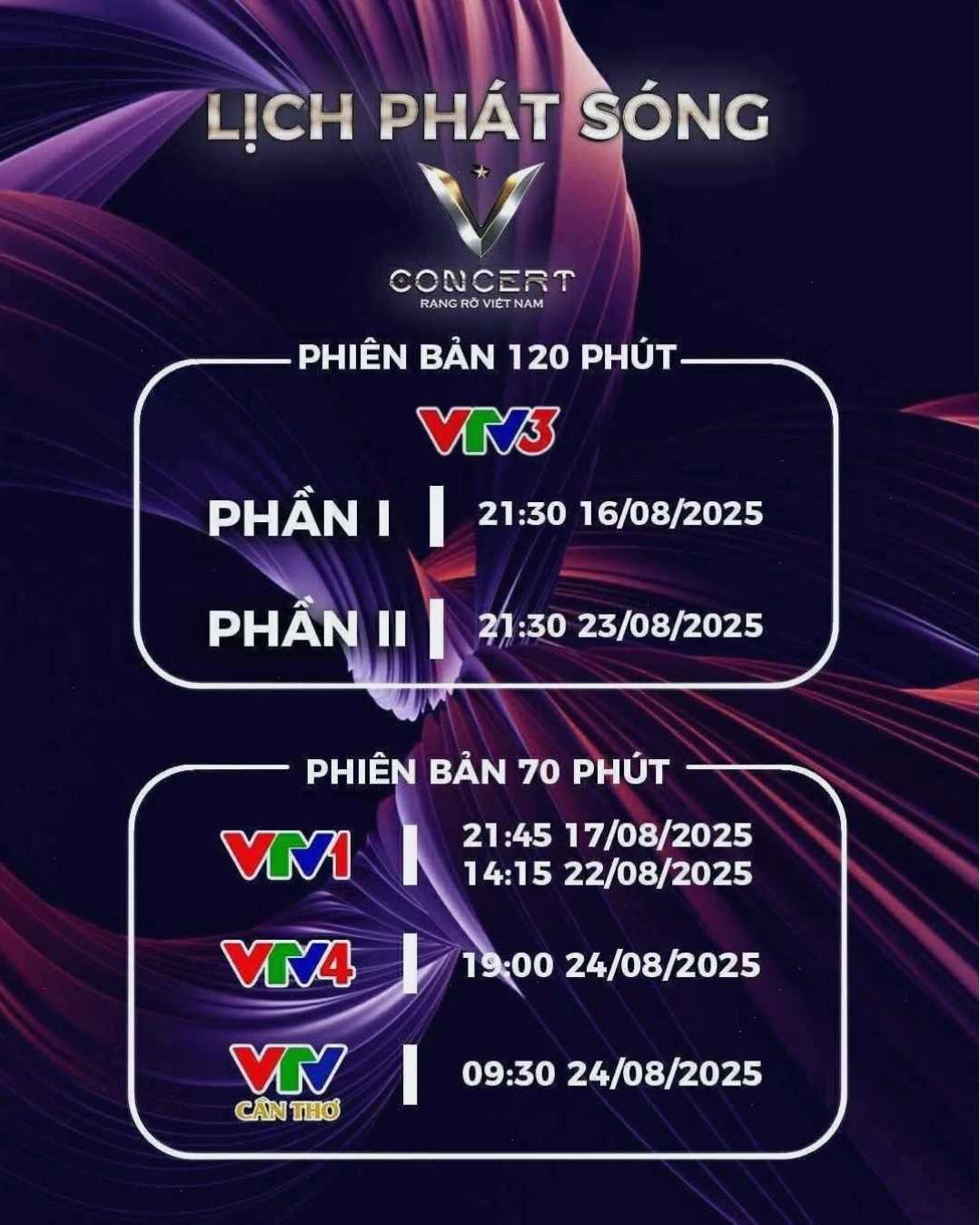 Lịch phát sóng V Concert - Rạng rỡ Việt Nam trên VTV