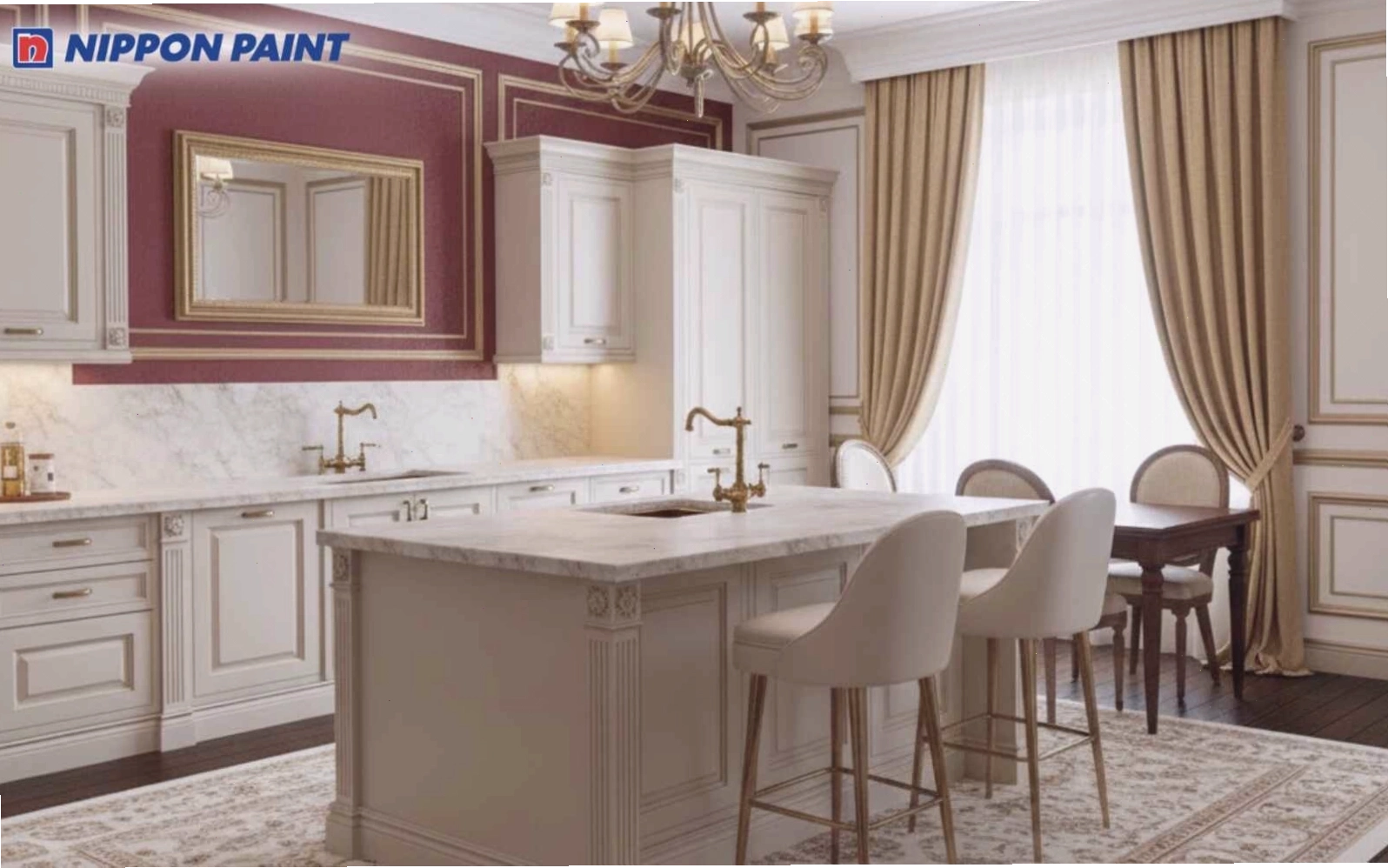 Mảng tường đỏ đô làm điểm nhấn trên nền gạch sáng, tạo cảm giác sang trọng