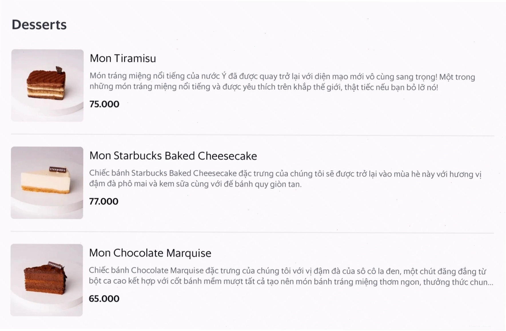 Menu đồ uống Starbucks được hiển thị trên màn hình