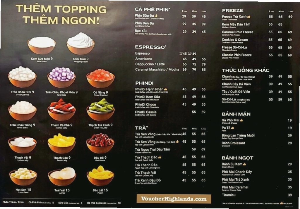 Menu Highlands mới nhất 2026