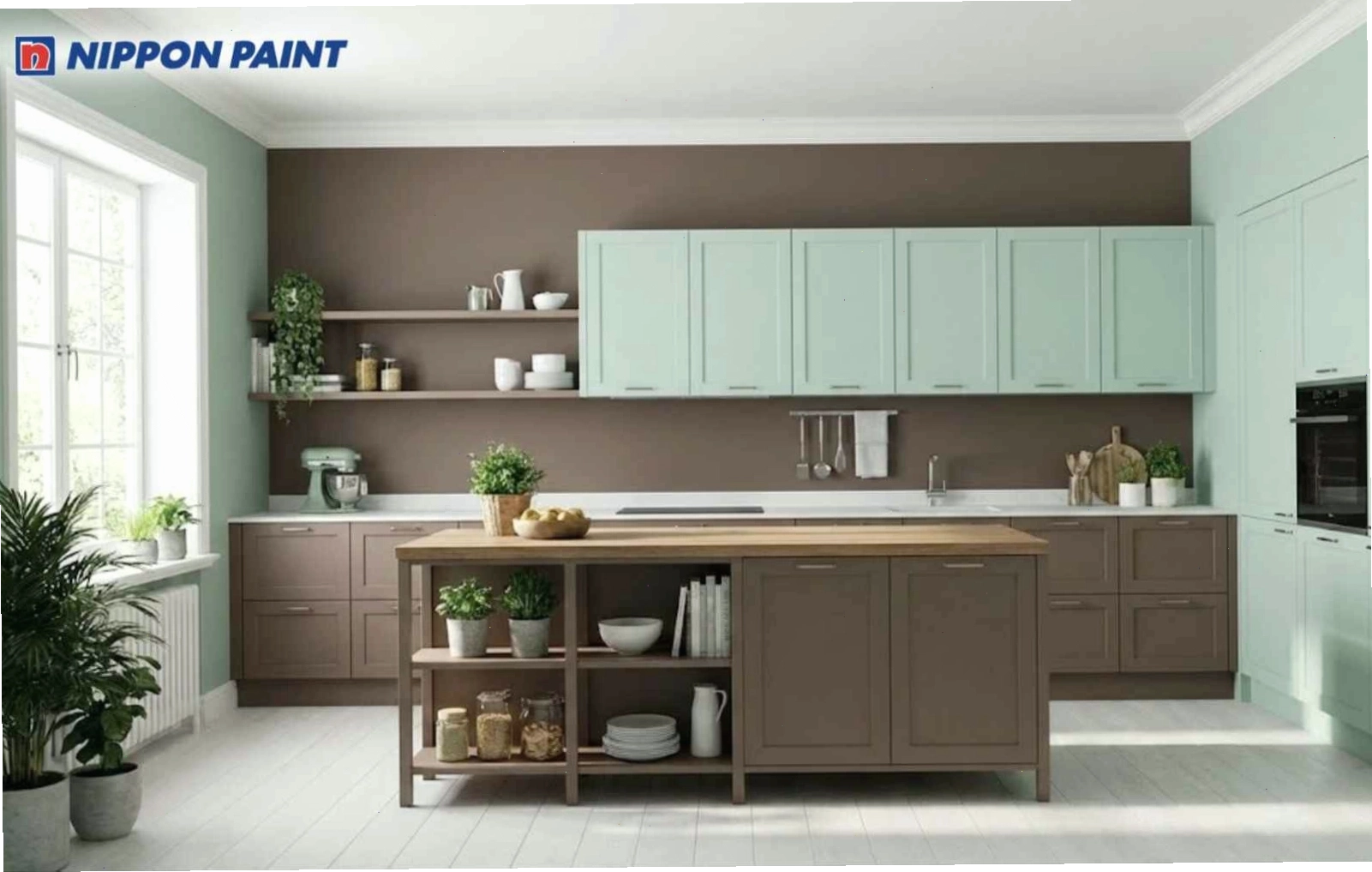 Nâu mocha kết hợp màu xanh mint giúp không gian bếp hiện đại, hài hoà