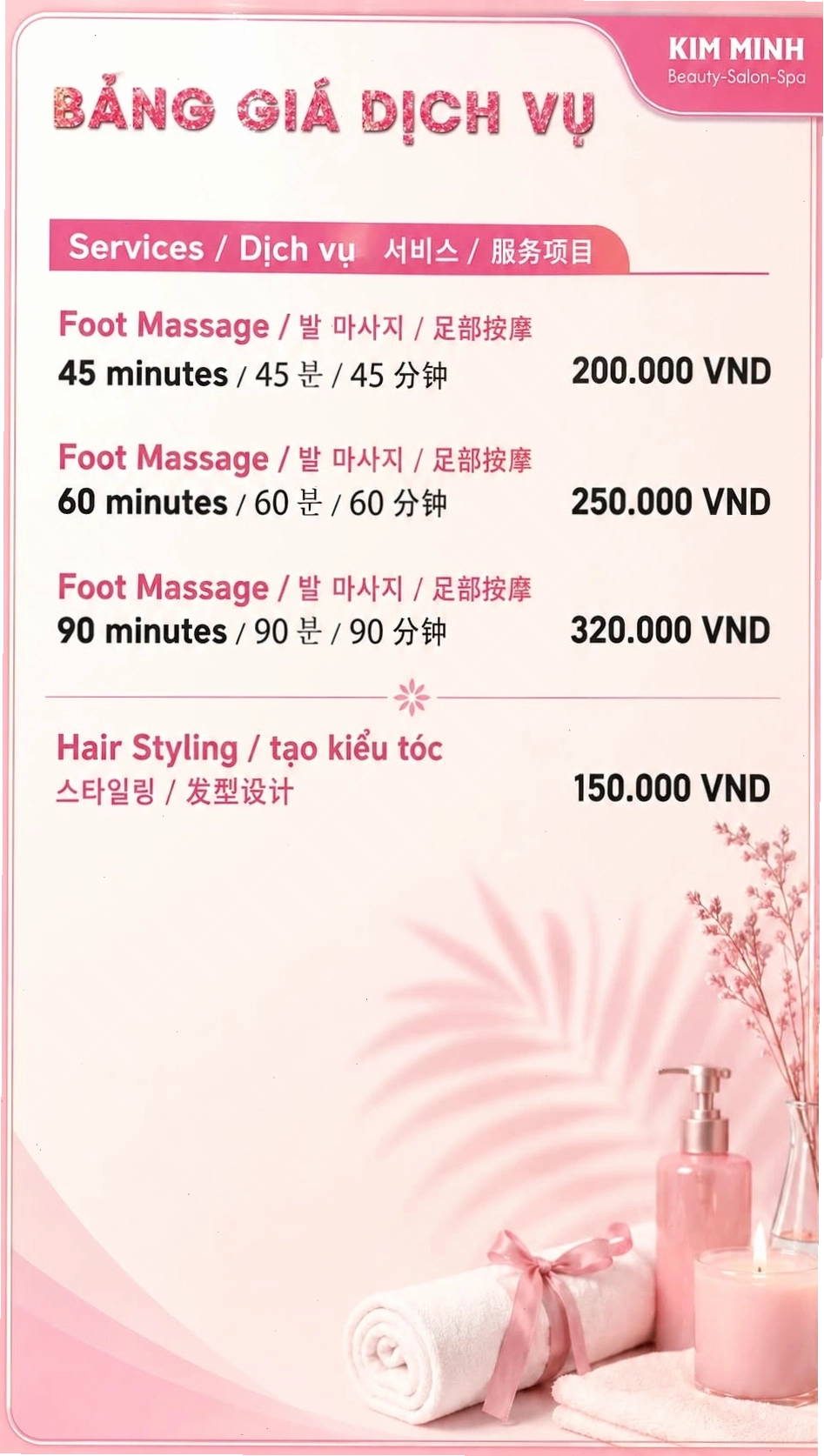 Thực đơn dịch vụ đa dạng tại Kim Minh Salon & Spa