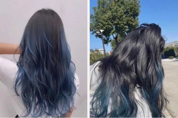 Tóc dài than chì highlight xanh đen độc đáo và cá tính