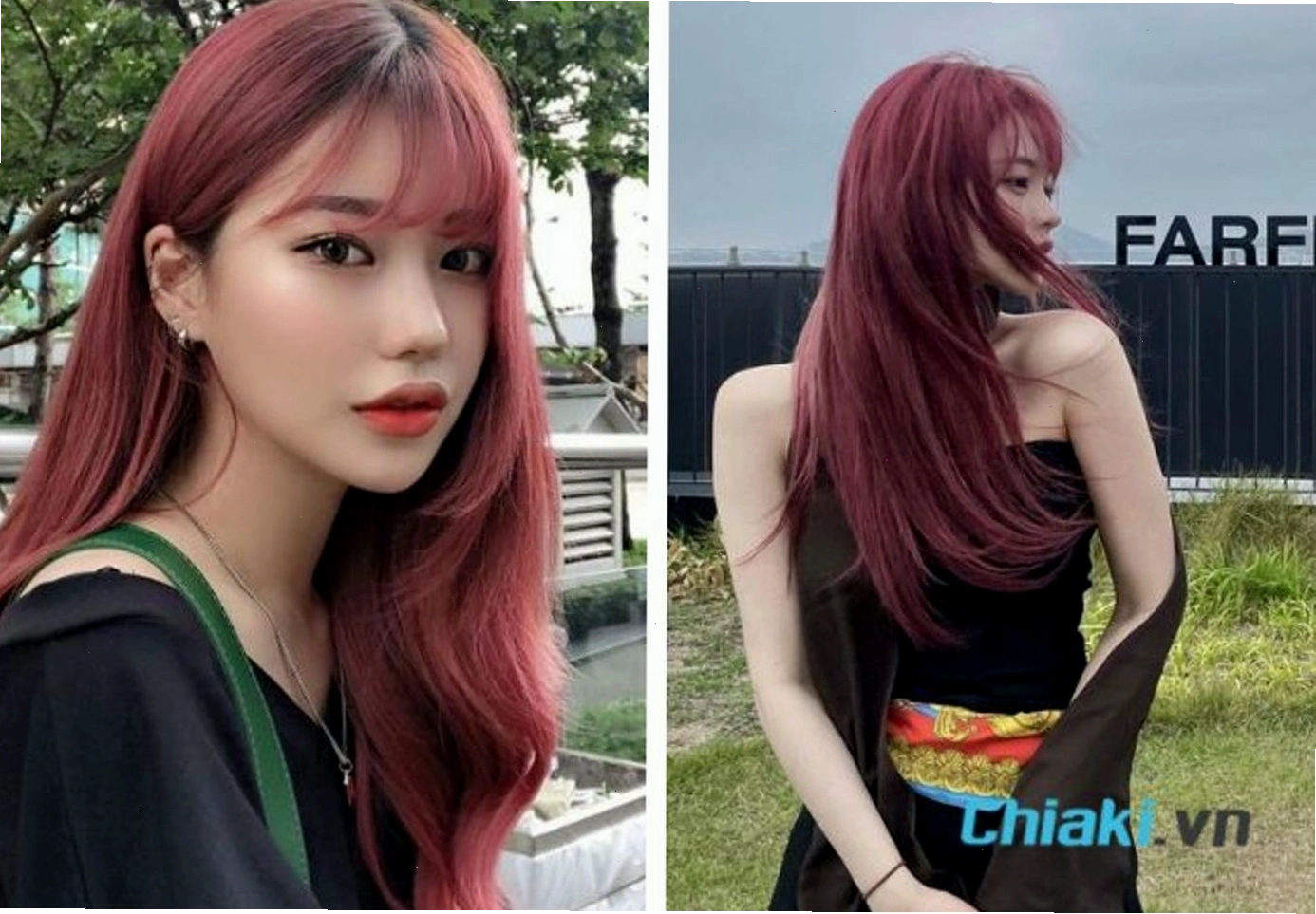 Tóc layer dài mái thưa màu nâu đỏ cherry nữ tính