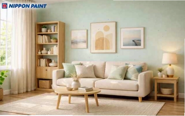 Tone màu be giúp trung hòa và làm mềm mại mảng tường xanh mint