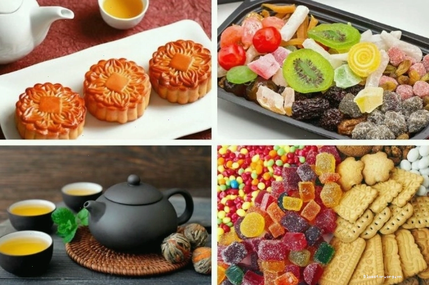 Trang trí mâm cỗ Trung thu độc đáo bằng các loại bánh kẹo nhiều màu sắc