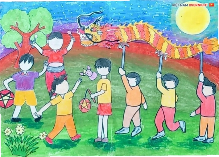Tranh vẽ chủ đề hội xuân với màu sắc tươi tắn, hồn nhiên