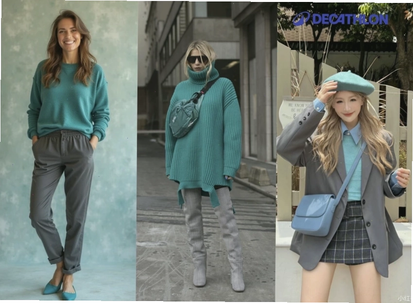 Xanh cổ vịt và ghi xám tạo nên set đồ thời trang, năng động
